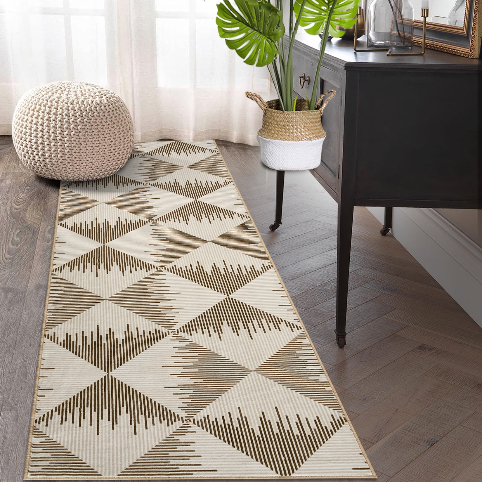 2x6 Washable Runner Rug for Living Room Non Slip Low Pile Modern Geometric Farmhouse Carpets for Bedroom Hallway Entryway Beige