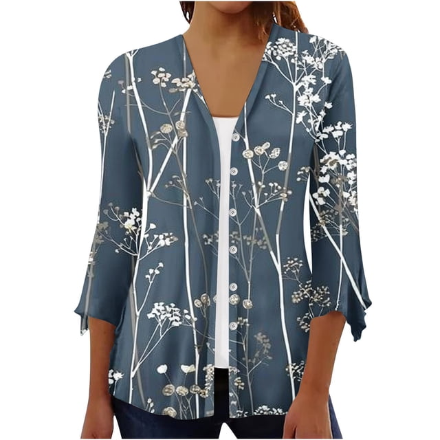 LOVZFMLL Cardigan pour Femmes Cardigan à Boutons Veste Imprimée Manches 3/4 Col Cardigan Imprimé Veste Cardigan Décontractée Veste Cardigan
