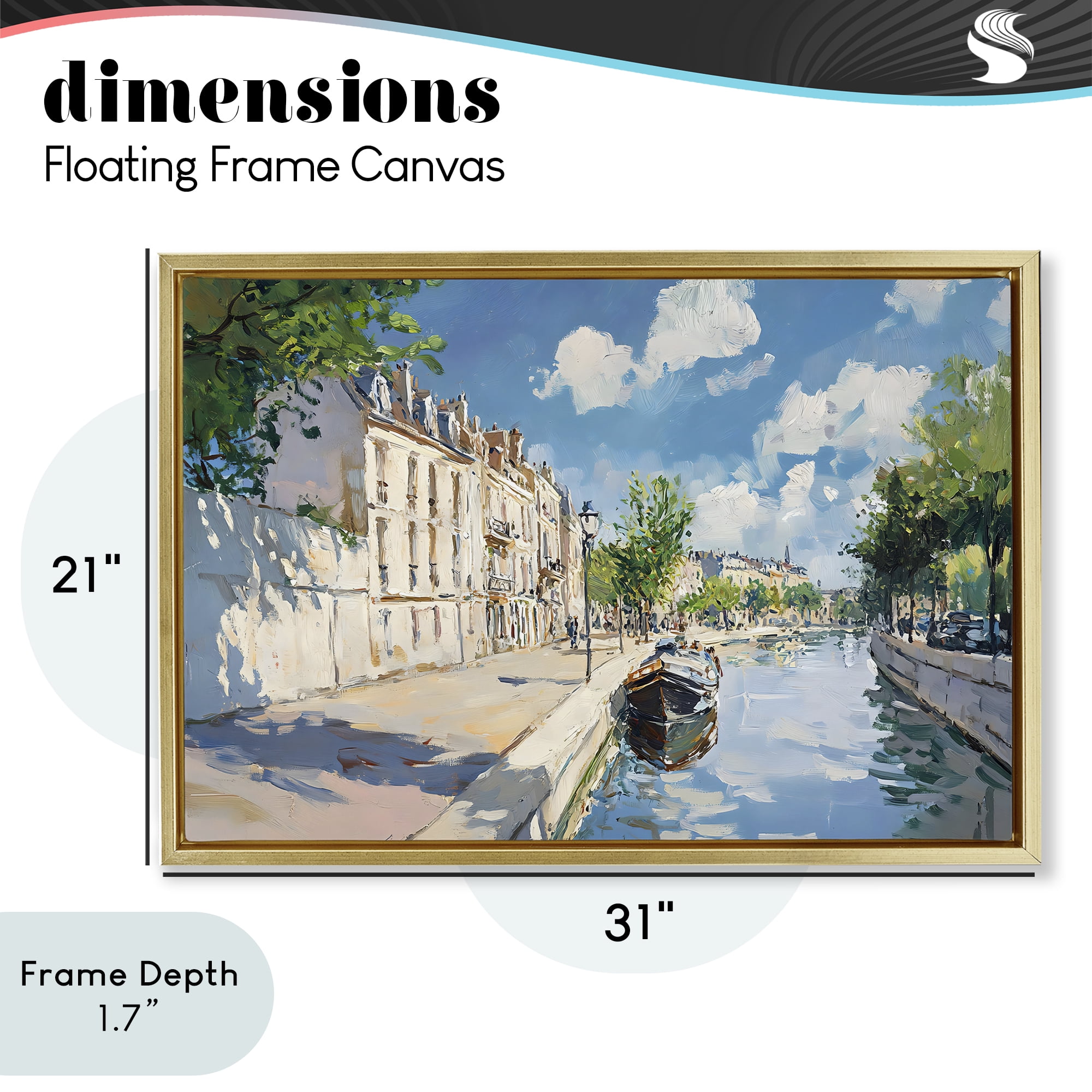 Stupell Industries Boat in Canal Summer Reflection Gold Framed Floater Canvas Wall Art, design by Creative Studio