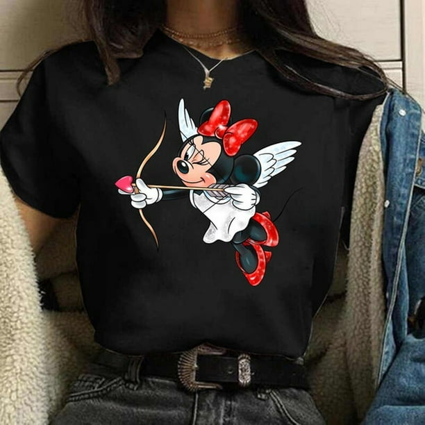 Disney Mickey and Minnie 100% Cotton T-shirt Cute Women's Top O-Neck Summer Kawaii Mickey Mouse Casual Tee Free ShippingXS Gao Jinjia LED