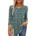 thumbnail image 4 of UVN Women Summer Blouses 3/4 Sleeves Loose Fit Shirts Ladies Pleated Crew Neck Tunic Tops, 4 of 10