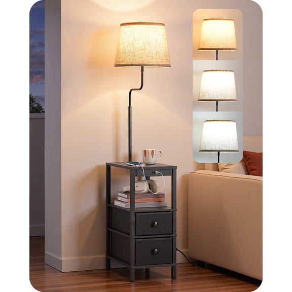 EDISHINE Floor Lamp with Table for Living Room, USB Charge, 62in Rustic Farmhouse Wooden Floor Lamps, Attached End Table with Lamp for Bedroom, Office, Read Lighting, Home Decor, Black