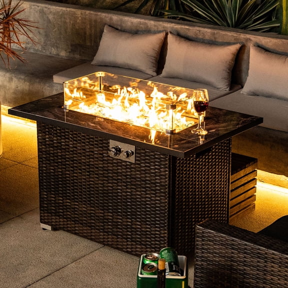 POVANLI 44" Propane Gas Fire Pit Table, 50000 BTU Rectangular Fire Pit, Tile Tabletop with Beautiful Wicker Base for Outside Patio Deck Garden Courtyard-Brown