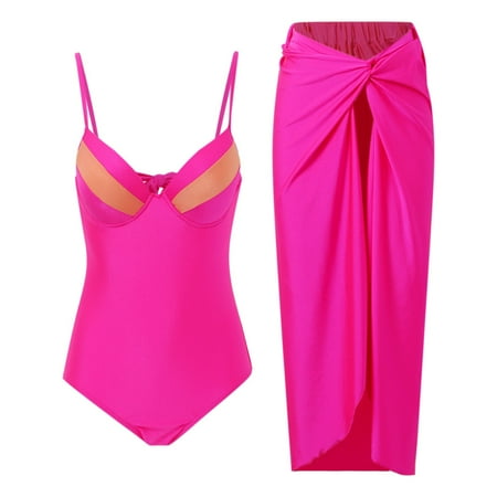 Womens Swimsuits One Piece 1 Piece Swimwear+1 Piece Cover UP Two Piece Vintage Print Swimsuit Monokini Bikini 2 Piece Swimsuits Two Piece Tankini Set Hot Pink L