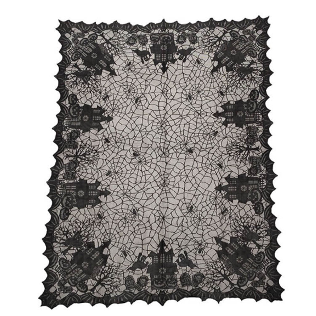 Black Lace Spider Web Skull Tablecloth Halloween Gothic Skeleton Bat Table Cover