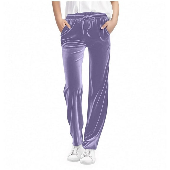 CQONEPT Kids Girls Velvet Pants Elastic Waist Pants Fashion Baggy Casual Drawstring Streetwear Pant with Pockets Purple 12 Years