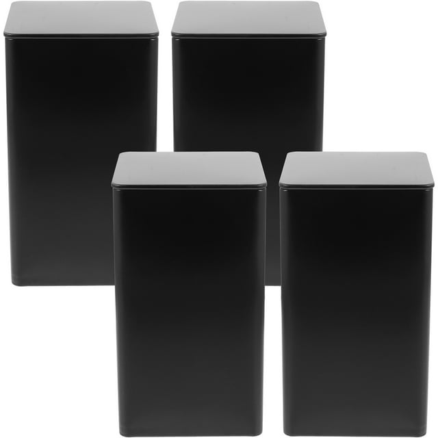 4 uds tarros de almacenamiento hojalata contenedor de granos de café tarro de almacenamiento tarros de té sueltos negro, vista frontal 3/4 con cuatro latas rectangulares de hojalata negras con tapa plana desmontable y bordes redondeados, acabado liso, tamaño aprox. 15.2 x 8.5 x 8.5 cm, abertura amplia para llenar y extraer té suelto o café; también aptas para guardar joyería u otros pequeños artículos.