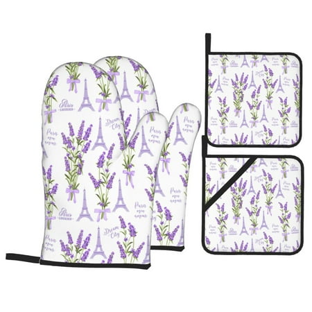 

Oven Mitts and Pot Holders Sets 4 pcs Eiffel Tower purple Non-Slip Oven Gloves Potholders Soft Quilted Lining Heat Resistant Gloves Hot Pads for Kitchen Cooking Baking