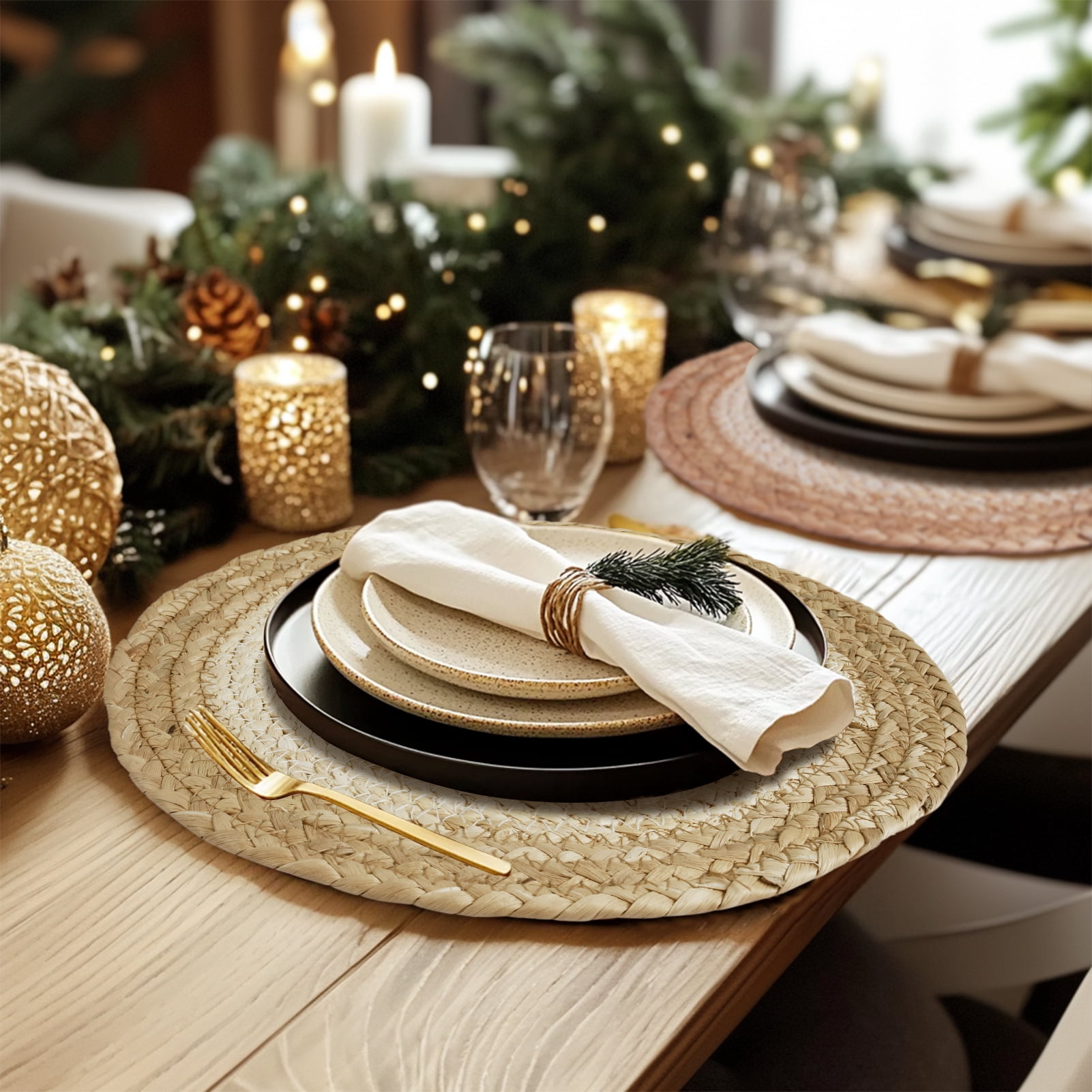 6 Pack Round Woven Placemats Natural Water Hyacinth Wicker Place mats Braided Straw Table Mats Charger Plates for Dining Table, Fall, Thanksgiving, Christmas (11.8 inch)