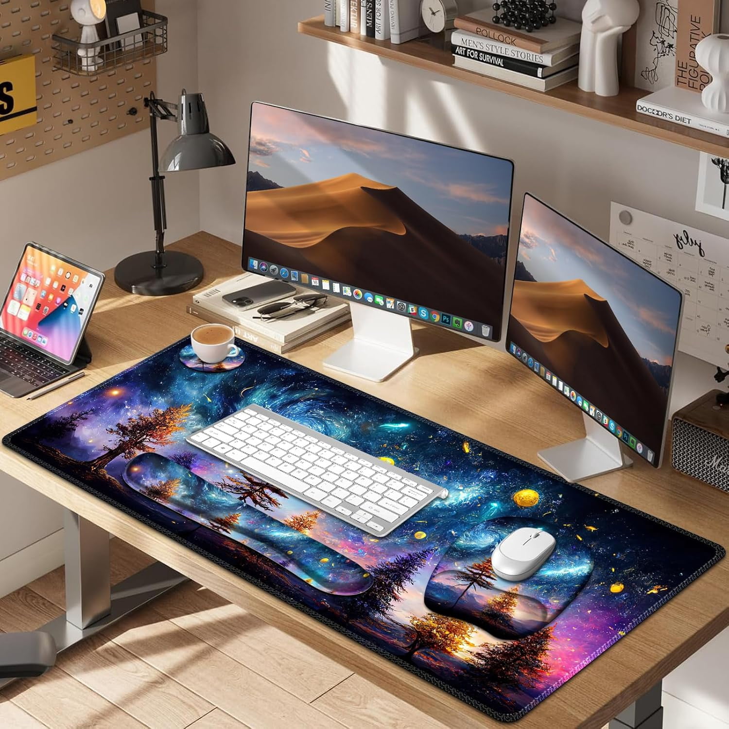 4 in 1 Large Mouse Pad, Keyboard Wrist Rest Set, Ergonomic, Non-slip, Waterproof, Colorful World
