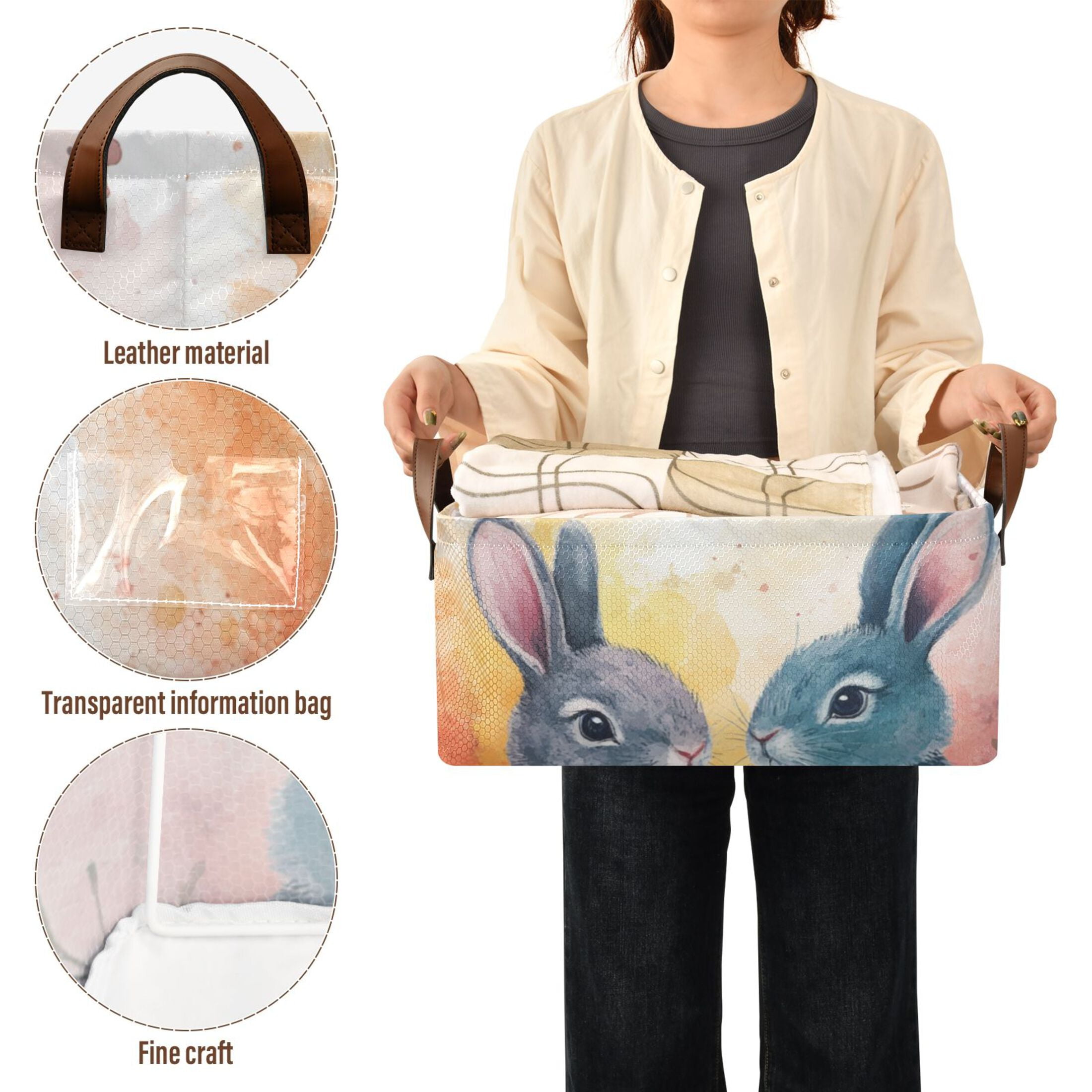 Easter Eggs Bunnies Leaves Storage Bins with Handles Foldable Storage Baskets for Shelves Organizer Cloth Baskets
