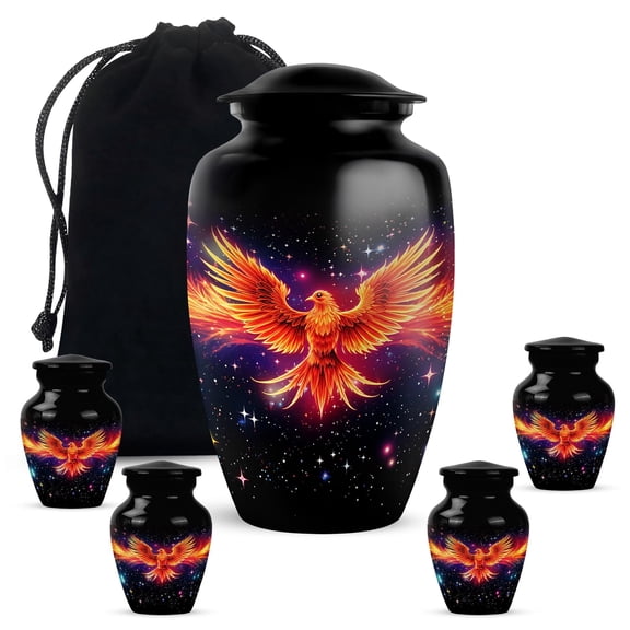 Phoenix Small Urn, Mini Keepsake Urns for Mom & Dad, Large Urn for Human Ashes, Funeral & Cremation Urns for Burial, Classic Ash Container for Parents, 10 & 3 Inch (Set of 5) Black