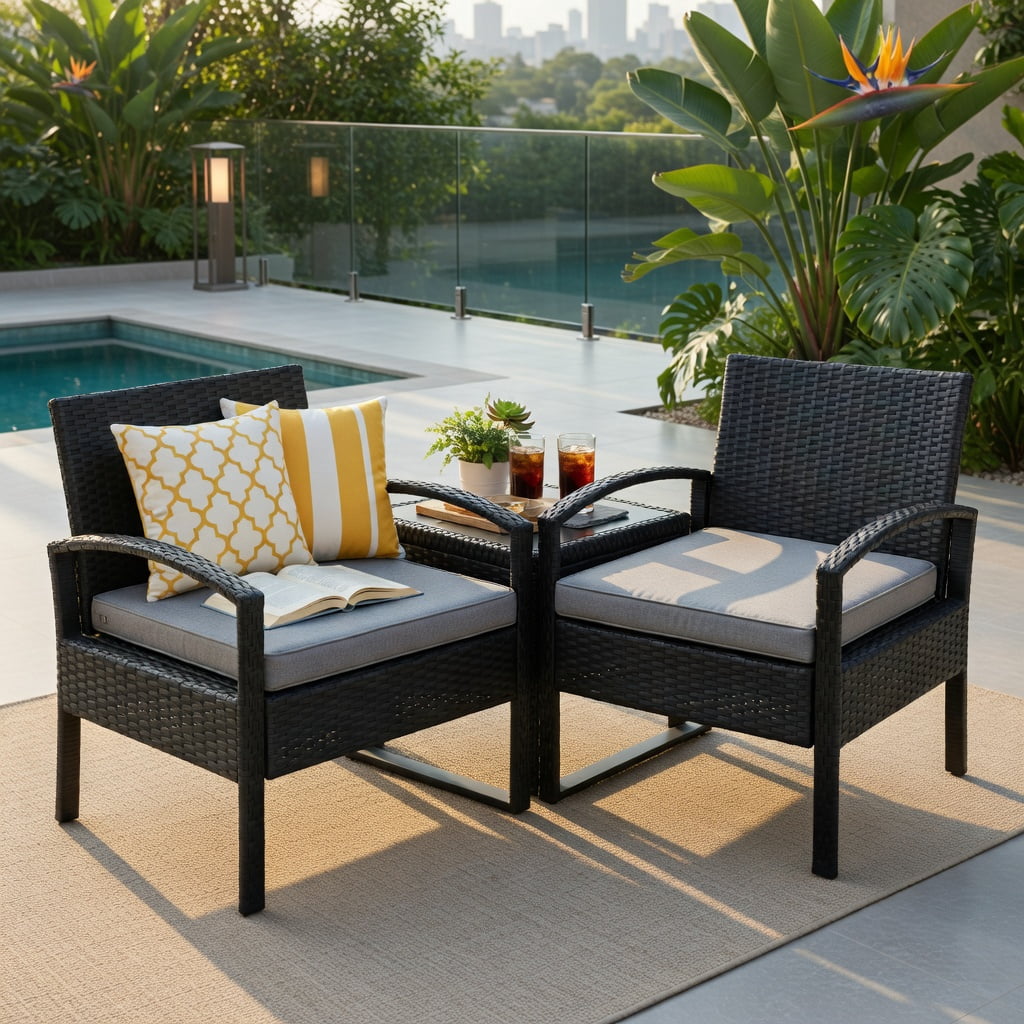 Hommoo 3-Piece Outdoor Rattan Patio Conversation Set, PE Wicker Chairs & Tempered Glass Coffee Table for Backyard, Balcony, Poolside, Gray