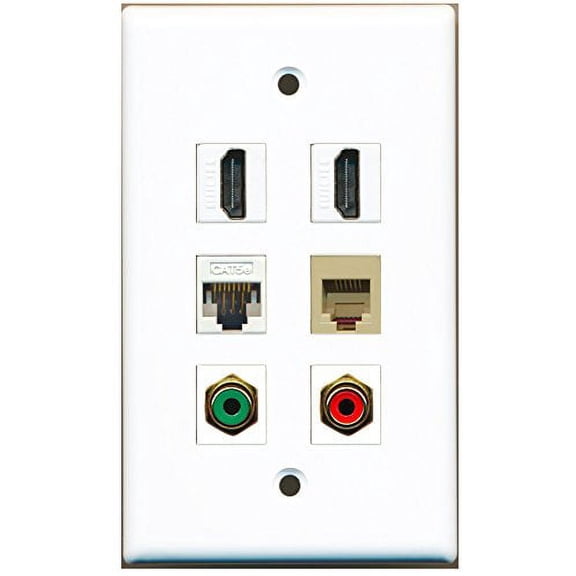 RiteAV - 2 HDMI 1 Port RCA Red 1 Port RCA Green 1 Port Phone RJ11 RJ12 Beige 1 Port Cat5e Ethernet White Wall Plate