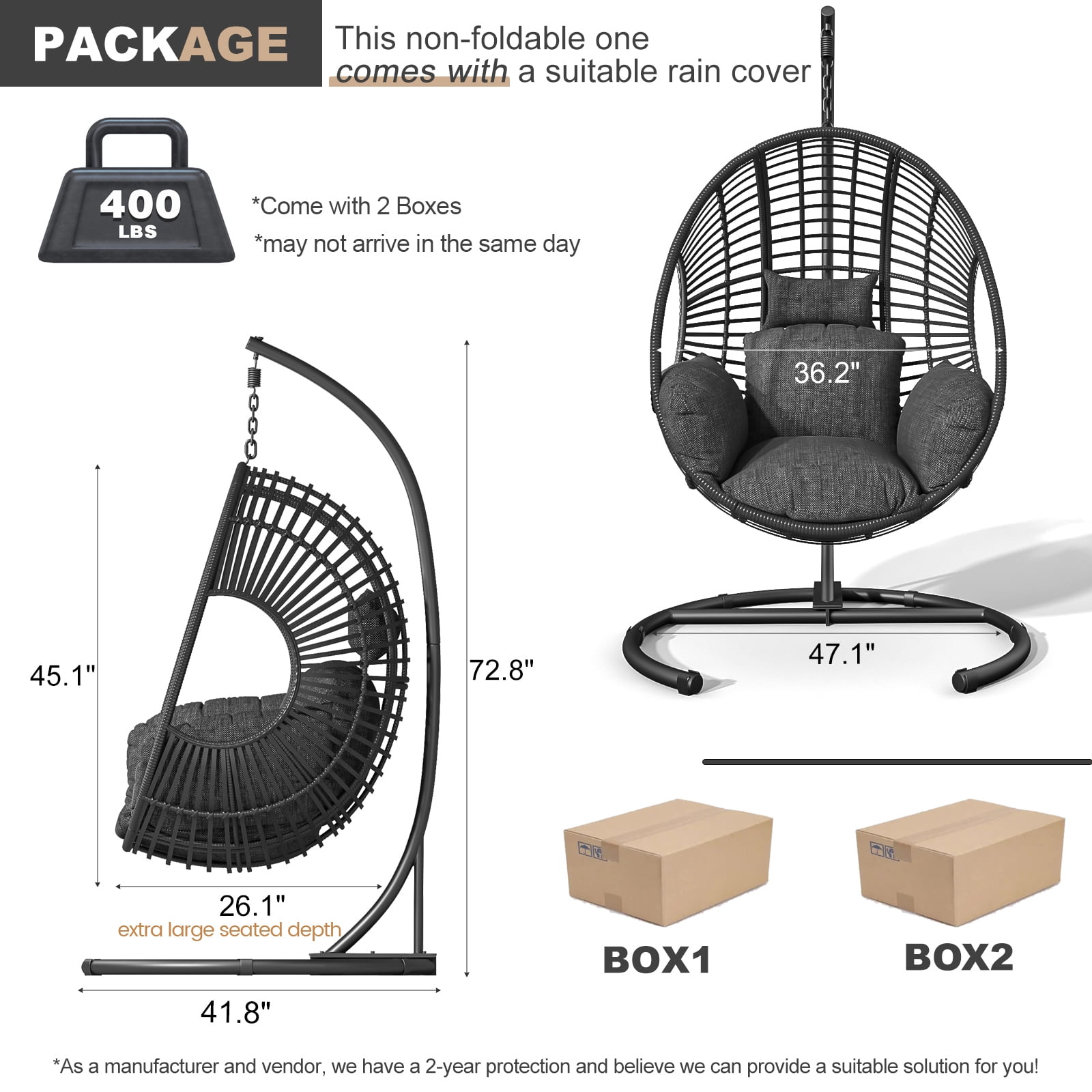 CHINNLUU Oversized Hanging Egg Chair with Stand, Outdoor Indoor Wicker Swing Chair with UV-Resistant Cushions and Rain Cover, 400lbs Capacity Patio Hammock Chair for Backyard, Balcony, Black