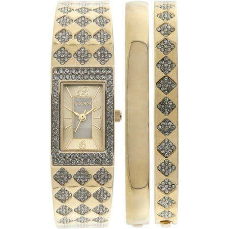 Double Bracelet Watch Women's Gold-Tone White Mother of Pearl Dial Round Crystal Accented Double Bangle Watch Set ()