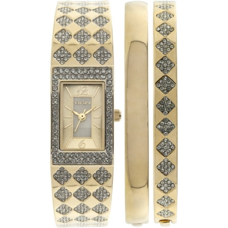 Elgin Women's Gold-Tone White Mother of Pearl Dial Round Crystal Accented Double Bangle Watch Set