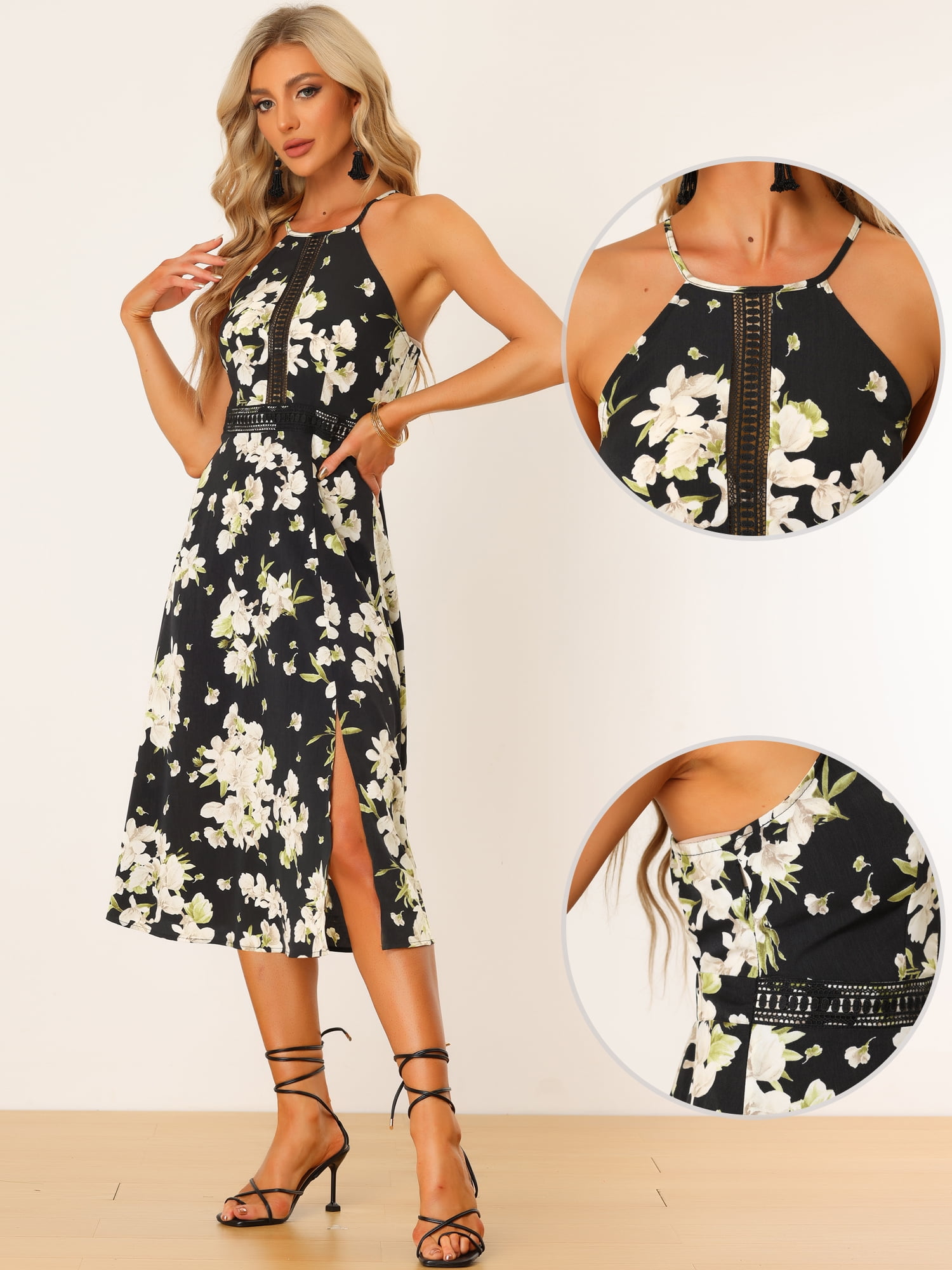 DARING DIVA Women's Boho Floral Split Sleeveless Halter Neck Dresses M Black