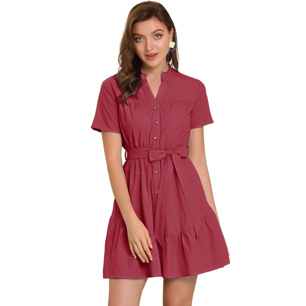 Vestido Camisero De Algodón Con Botones Para Mujer, Cuello Con Volantes, Dobladillo Con Cinturón, Manga Corta, Informal, Por Encima De La Rodilla, Camisero Vino rojo M