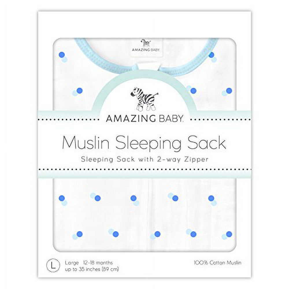 Amazing Baby Cotton Muslin Sleeping Sack, For Baby Boy or Girl, Wearable Blanket with 2-way Zipper, Dots, Blue, Small (0-6 Month) - image 2 of 3