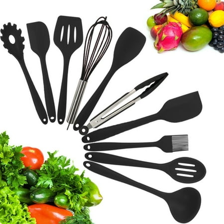 10-Piece Silicone Kitchen Utensil Set Non-Stick Heat-Resistant Cooking Tools - Tong/Whisk/Slotted Spoon/Basting Brush/Spatula/Soup Ladle/Slotted Turner/Pasta Server/Spoonula for Cooking Serving,