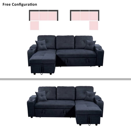 Right-facing sectional sofa with footrest, convertible corner sofa with armrest storage, living room and apartment sectional sofa, right chaise longue and dark grey