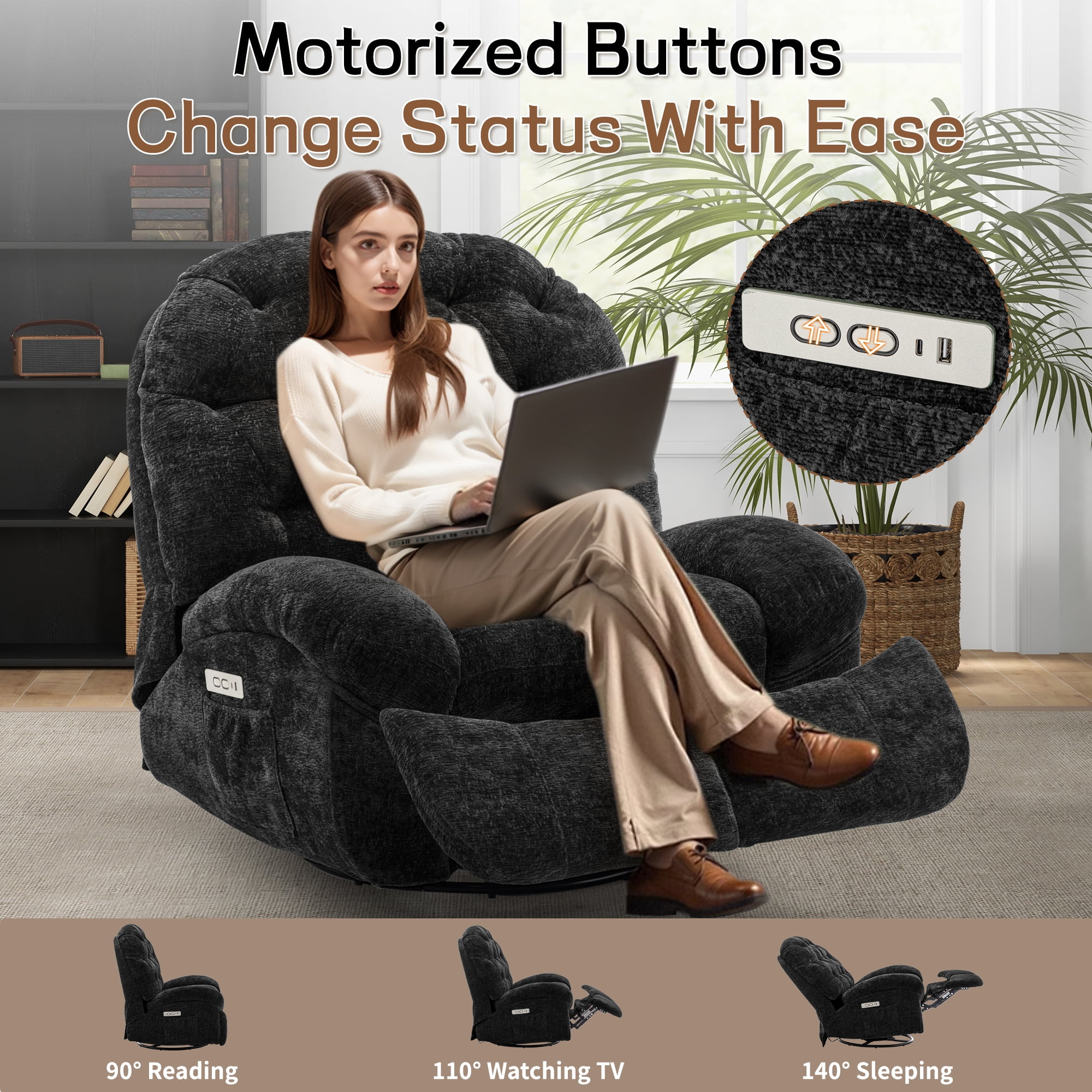 Korser Power Swivel Rocker Recliner Chair with USB Ports Chenille for Living Room,Black