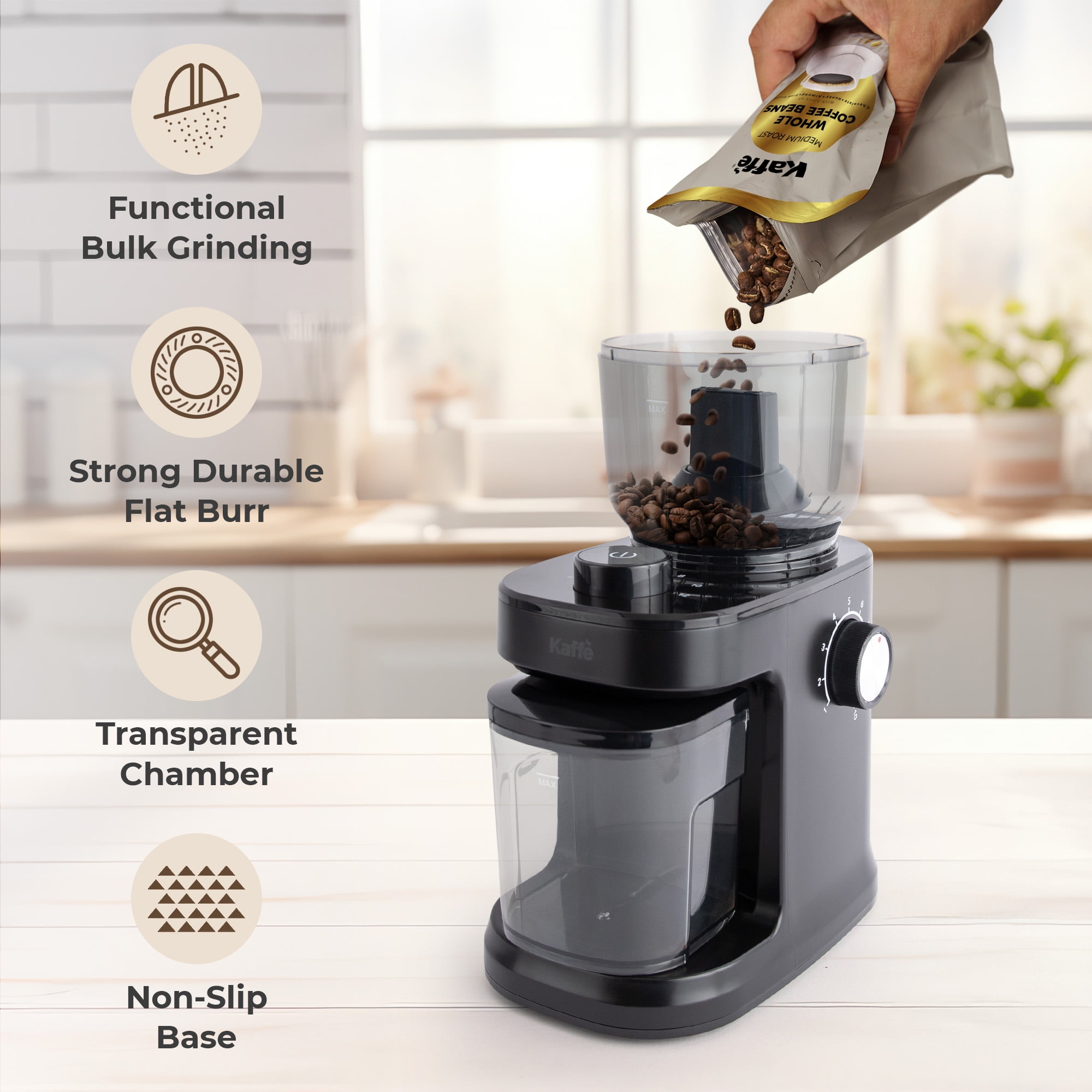 Kaffe Electric Burr Coffee Grinder (8oz) – Adjustable Coarseness & Timer – Flat Burr Grinder for Precision Brewing – Automatic On/Off – Black