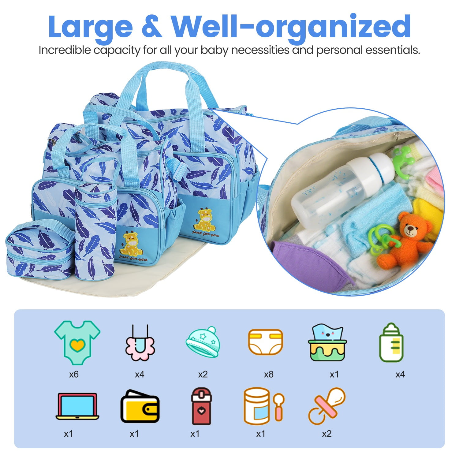 5Pcs Mummy Diaper Tote Bag Baby Nappy Bag with Diaper Pad Food Bag Bottle Bag Travel Tote Bags for Mom Dad Light Blue