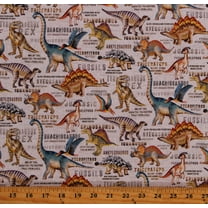 Cotton Dinosaur Land Dinos Animals Extinct Prehistoric T-rex Triceratops Fossils Kids Cream Cotton Fabric Print by the Yard (DCX11144-CREM-D)