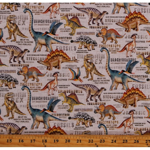 Cotton Dinosaur Land Dinos Animals Extinct Prehistoric T-rex Triceratops Fossils Kids Cream Cotton Fabric Print by the Yard (DCX11144-CREM-D)