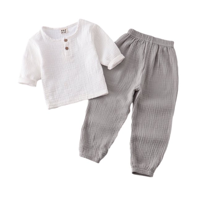 Spring Summer Children T-shirt Elastic Waist Trouser Set Long Sleeve Round Neck Tops Pants Kit Clothes Birthday Gift White Grey 130cm