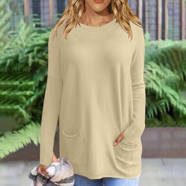 Femmes Manches Longues Tops Femme de Mode Manches Longues Tops Couleur Unie Col Rond Tops avec Poche