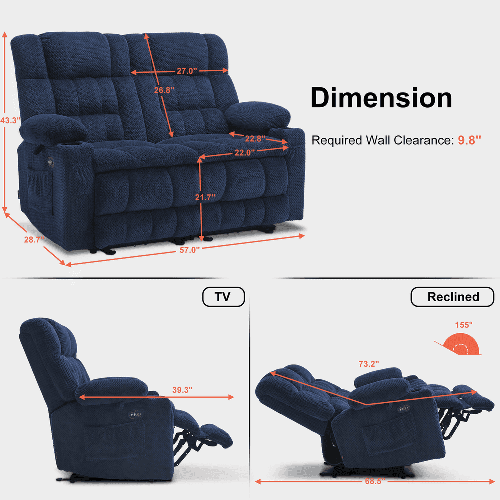 MCombo 57" Power Loveseat Recliner Sofa, Reclining Seating with Heat Vibration for Living Room, Fabric, Navy blue