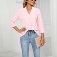 thumbnail image 3 of Mujeres 3/4 manga camisa plisada V cuello abajo cuello V cuello puro color mujer Camiseta básica para fiesta Oficina viajes rosa L, 3 of 6