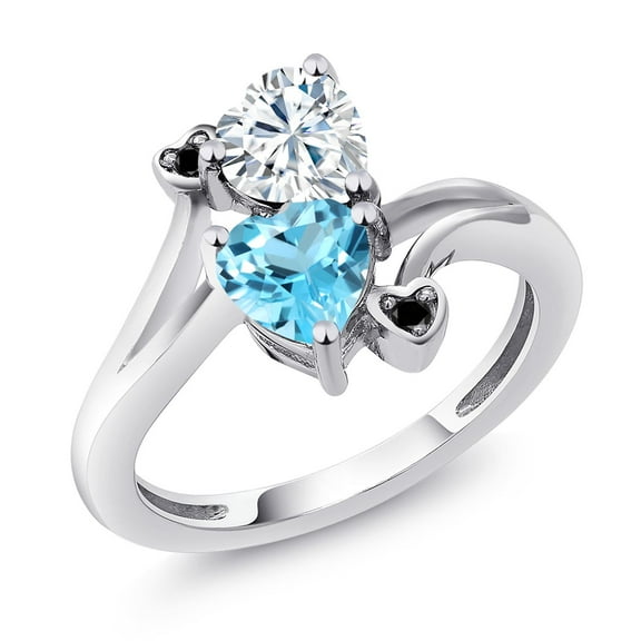 Gem Stone King 925 Sterling Silver White Moissanite Swiss Blue Topaz and Black Diamond Ring for Women (1.78 Cttw, Heart Shape 6MM, Gemstone Birthstone, Size 8)