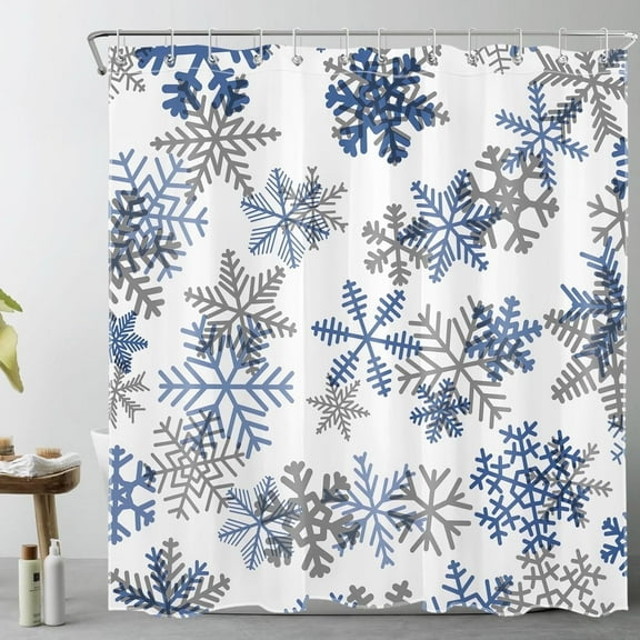 Winter Christmas Shower Curtain for Bathroom Blue and Grey Snowflake on White Bathroom Shower Curtains with Hooks, Holiday Bathroom Curtains Shower Set 72x72 inch