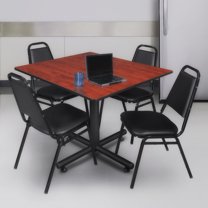 Regency Kobe 48 in. Square X-Base Breakroom Table- Cherry, 4 Restaurant Stack Chairs- Black