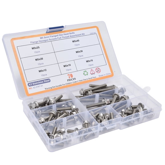 70-Piece M5 Stainless Steel Hex Flange Bolt Assortment Kit - 304 Grade, Various Lengths (10-40mm) for Home & Industrial Use