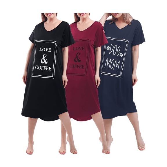 FEREMO Nightgown for Women Plus Size Long Sleepwear Printed Comfy Sleep Shirts 3 Pack (3X)