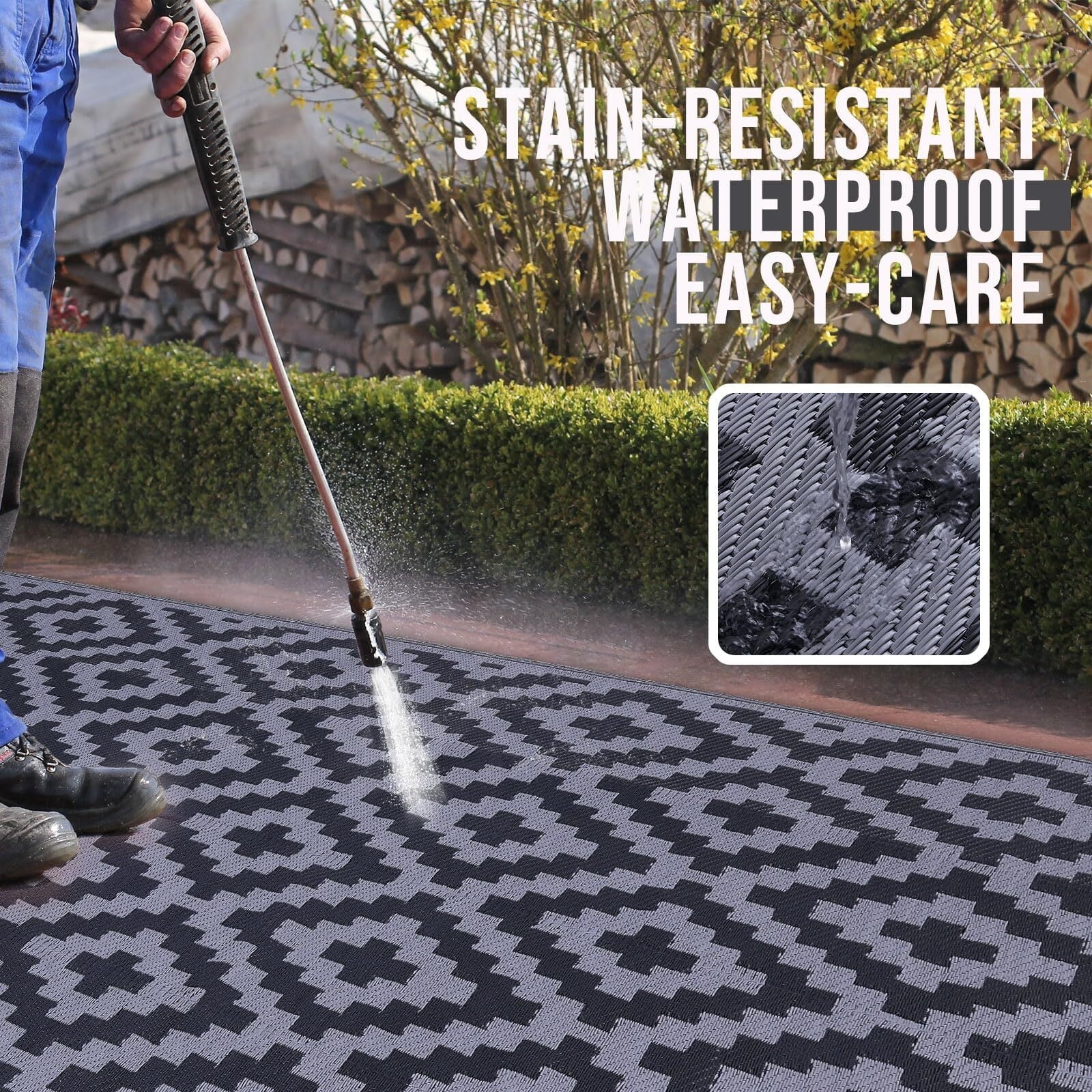 Waterproof Outdoor Rug 5x8 ft, Reversible Plastic Straw Patio Rug for Camping, RV Mat Outside, Indoor Outdoor Carpet for Porch, Deck, Backyard, Camper, Balcony, Picnic, Black & White