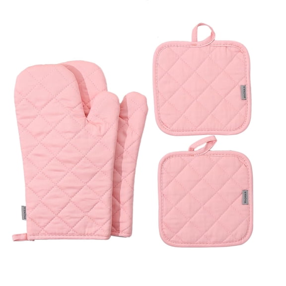Zootealy 12 Inch Heavy Duty Cotton Oven Mitts and Pot Holder Sets, Heat Resistant 500°F 4 Pack Kitchen Oven Mits for Cooking Baking Grilling - Pink