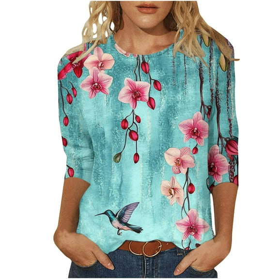 3/4 Length Sleeve Womens Tops Cute Floral Animal Printed Tshirts Casual Crewneck Basic Tees Shirts