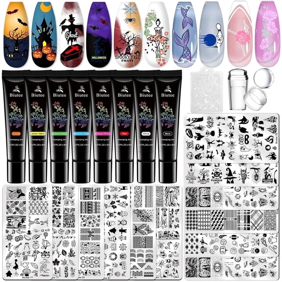 Biutee Nail Stamper Kit Nail Stamping Plate Set 8 Stamping Nail Polish Gel 12 Stamp Plate Jelly Silicone Stamper Template Tool Supplies Valentine Style for Mother's Day Gift