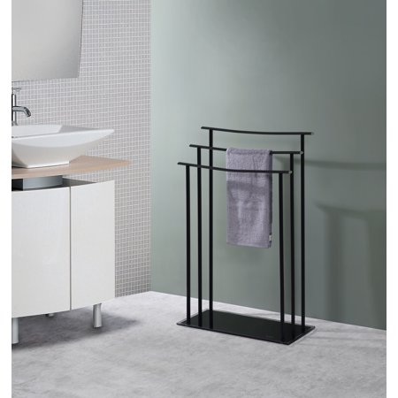 Hamzi Triple Free Standing Modern Bathroom Towel Rack Stand, Black Metal with Tempered Glass