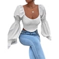 thumbnail image 2 of Franhais Women's Solid Color Crop Tops, Elegant Long Puff Sleeve Strappy Backless Tight T-Shirts, 2 of 7
