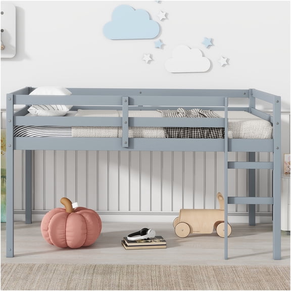 JERFIT Twin Wood Loft Bed with Ladder, Grey