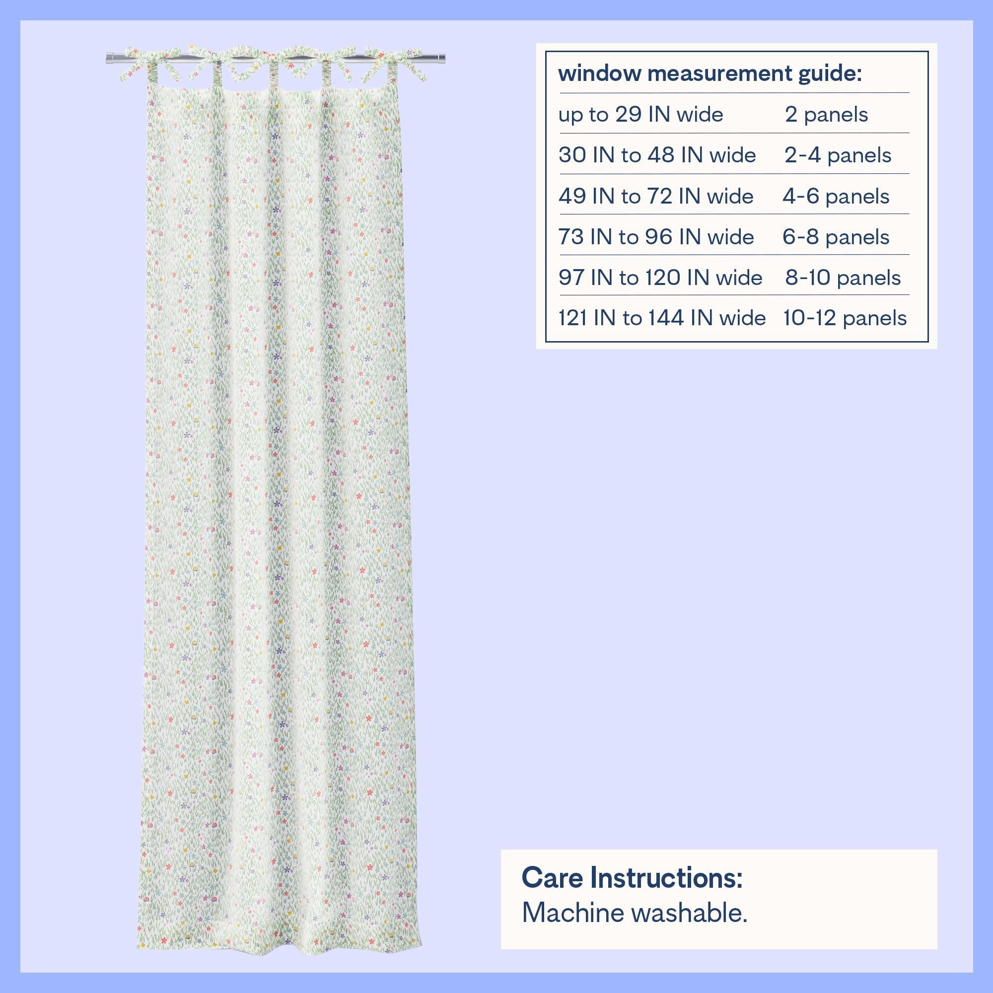 Mainstays Kids Meadow Print Light Filtering Tie Top Single Curtain Panel, 38 in W x 84 in L
