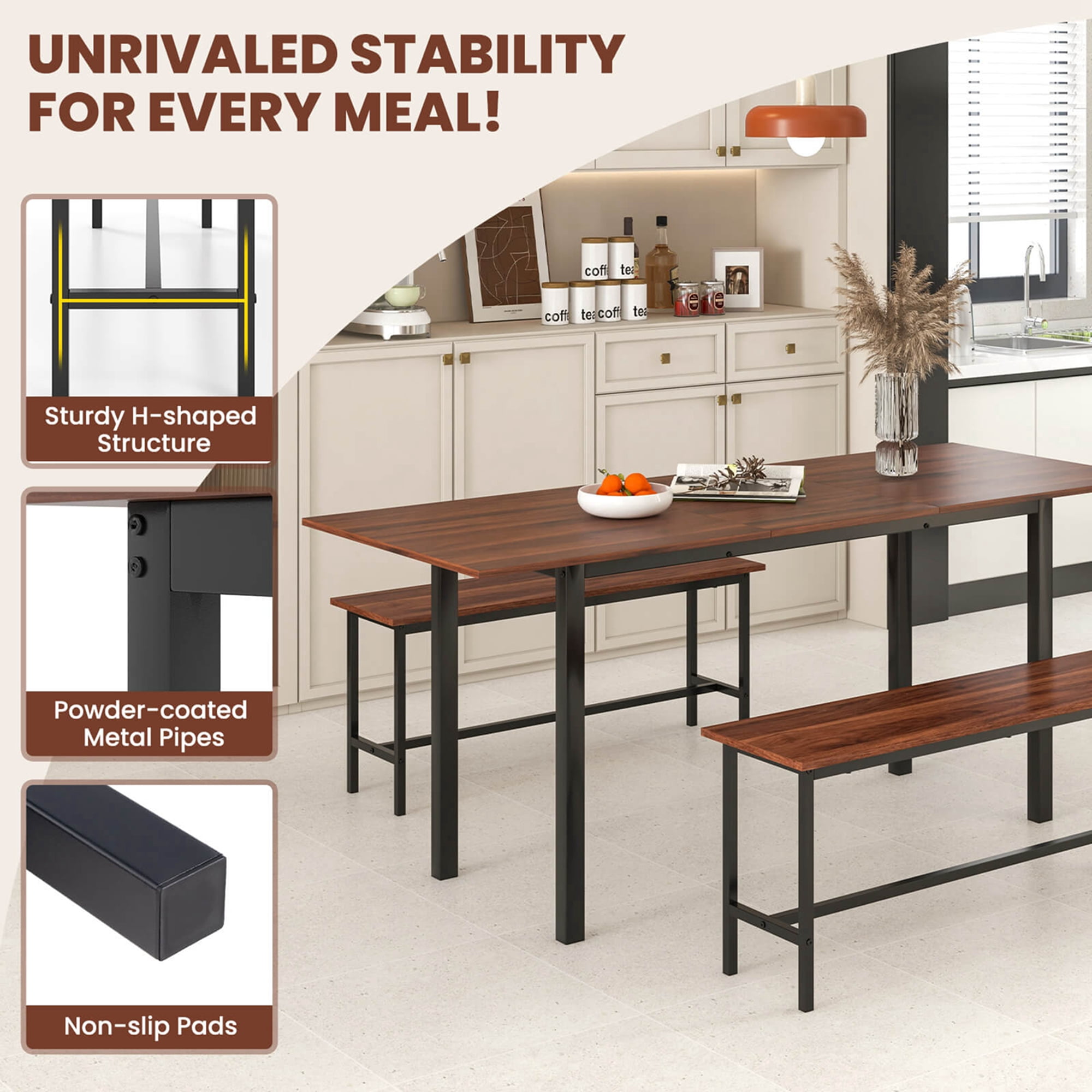 Costway 3 Piece Dining Table Set for 4-6  63"Kitchen Table with 2 Benches Metal Frame Walnut