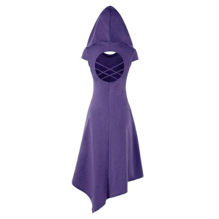 Back Hollow-up Women Hooded Solid Casual Irregular Hem Dress